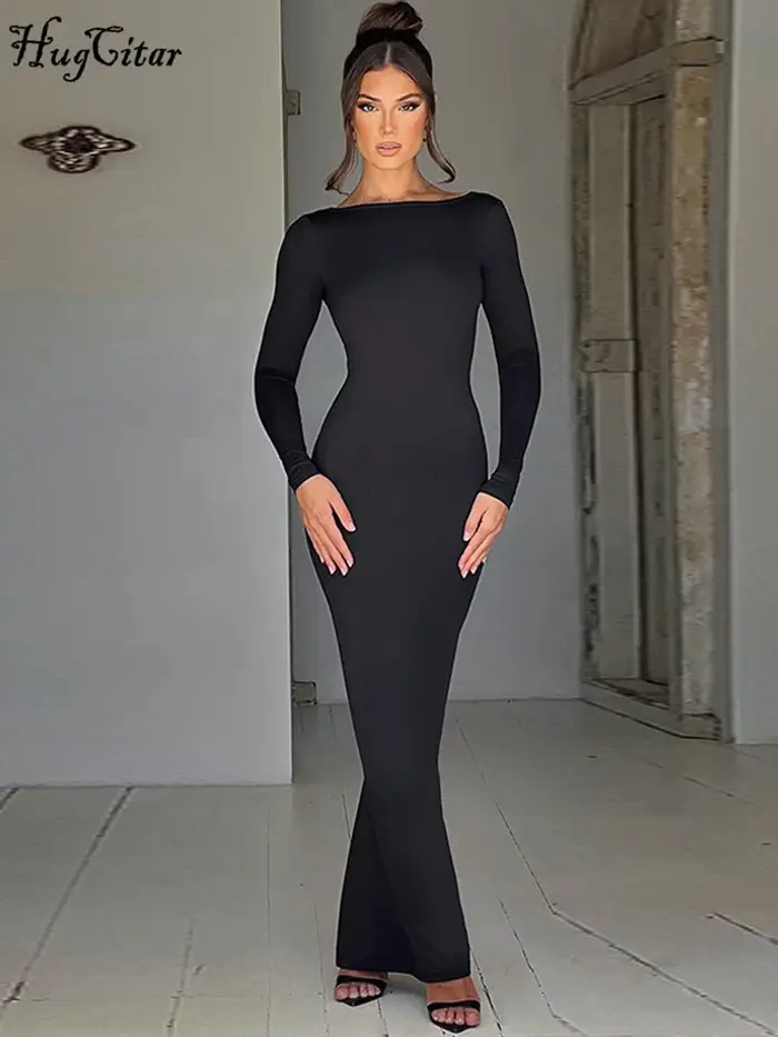 Hugcitar printemps élégant à manches longues dos nu solide froncé Sexy moulante Maxi robe de bal fem