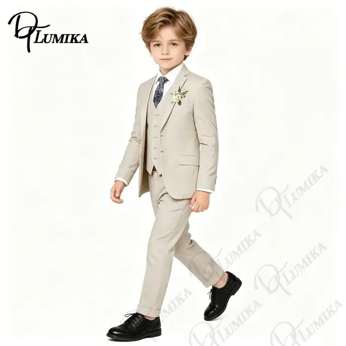 Costume en lin beige pour garçons, 4 pièces, avec cravate florale, ensemble formel pour enfants, mar