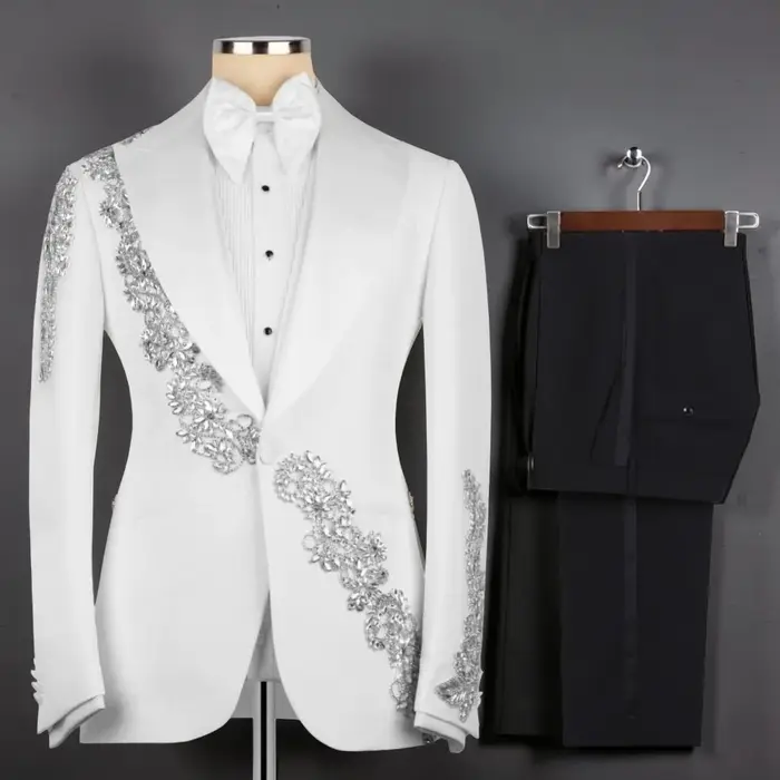 Costume de Mariage Formel Perlé pour Homme – 3 Pièces Slim Fit avec Veste à Revers Châle, Pantalon e