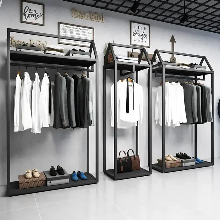 Étagère de présentation pour magasin de vêtements pour hommes, noire, double niveau, sur pied, pour 
