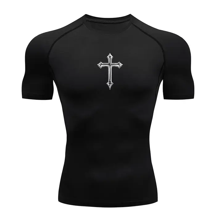 Chemise de compression à imprimé croisé pour hommes, t-shirt athlétique chrétien, hauts d'entraîneme