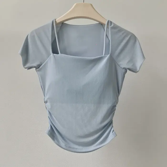 Vêtements de yoga avec coussinets de poitrine, hauts de sport à manches courtes et col carré, ajusté