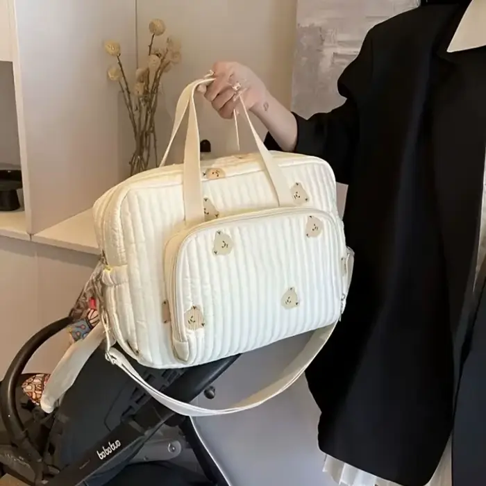 Sac à couches brodé en Nylon, Chic ours et tulipe, avec Clip de poussette, essentiels de voyage pour