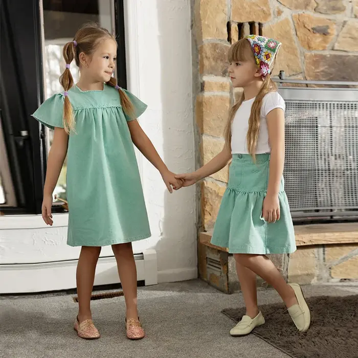 Robes, jupes, chemises et salopettes en coton vert denim pour garçons et filles, collection Ali Co SS26, idéales pour les écoles, sorties familiales et événements spéciaux ```