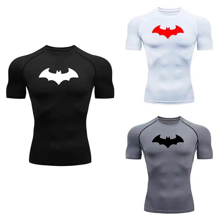 T-shirt de compression moulant pour homme à imprimé chauve-souris, à manches courtes, pour la course