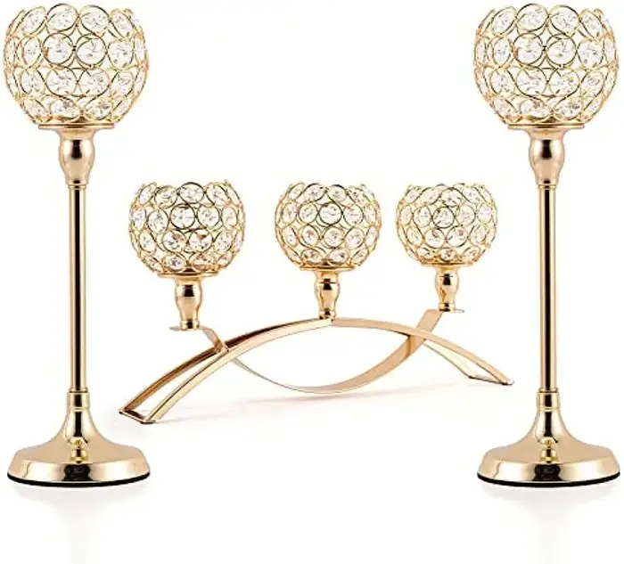 Bougeoirs dorés pour centres de table, photophore ci-après, porte-élabre, 3 bras pour salon, décorat