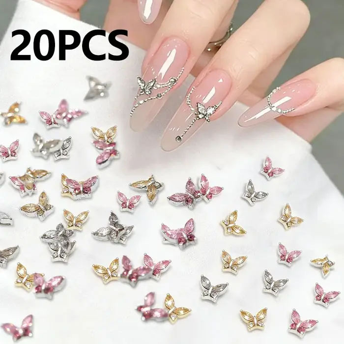 10/20 pièces Mini 4*5mm cristal papillon ongles breloques 3D diamant bijoux pièces rose clair métal 