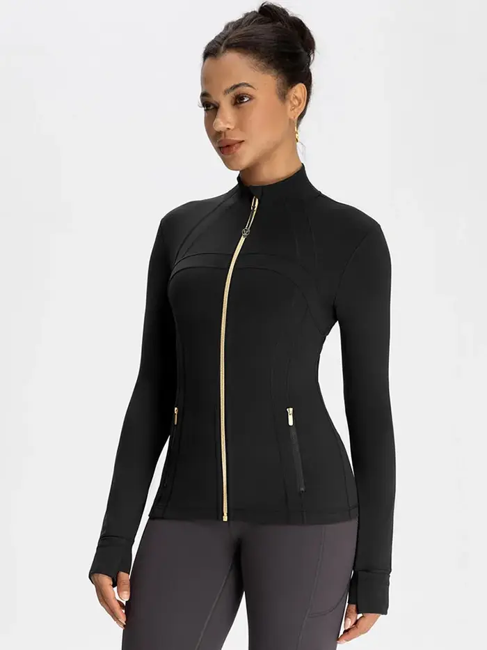 Veste de yoga pour femme avec fermeture éclair dorée, veste de sport à col montant, haut de fitness 