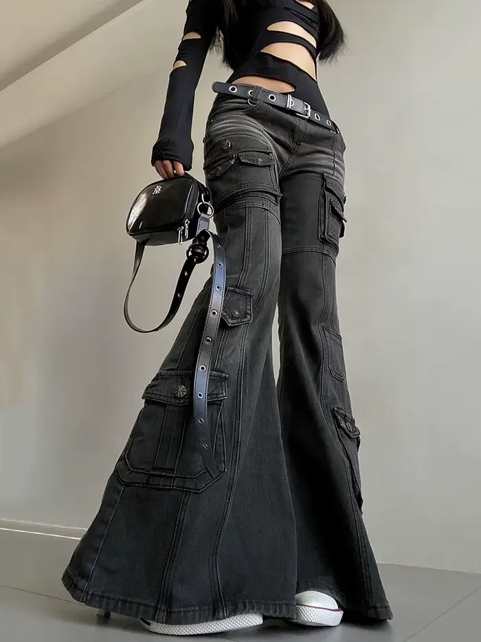 REDDACHiC Acubi mode noir Flare jean rétro moustaches maigre Stretch taille basse poches Cargo panta