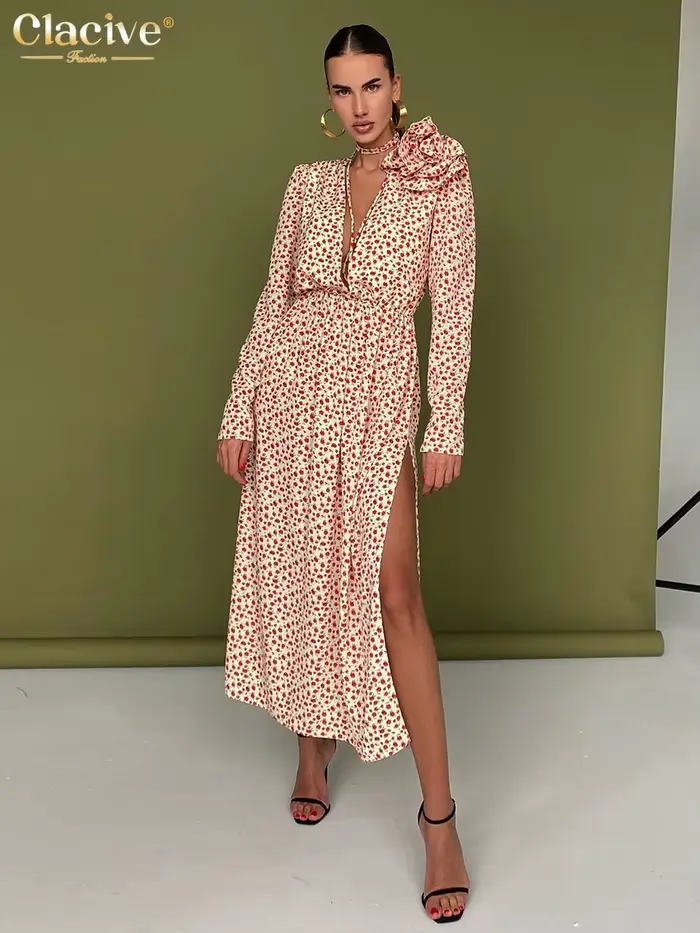 ClacMarkets-Robe mi-longue sexy à col en V profond pour femmes, robes de soirée fendues taille haute