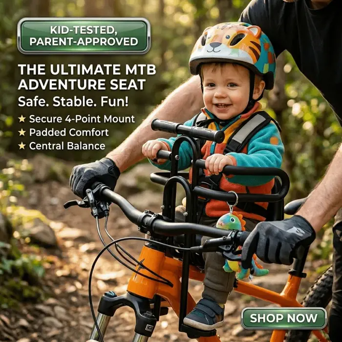 Siège enfant avant pour vélo VTT rembourré avec accoudoirs pédales facile d'installation sécurité pour enfant occasions spéciales sorties en famille