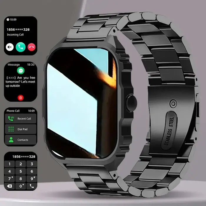 Montre connectée, grand écran carré de 1,84 pouces, avec mode multisports, rappel d'appels, musique,