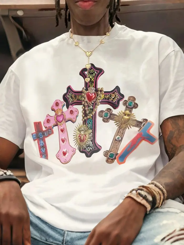 Hommes confortable hommes blanc col rond T-Shirt croix jésus imprimé T-Shirt Vintage chemise graphiq