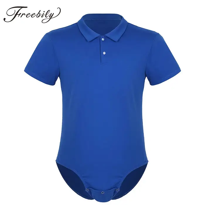 Adulte hommes une pièce Body Catsuit à manches courtes col rabattu bouton-pression entrejambe chemis