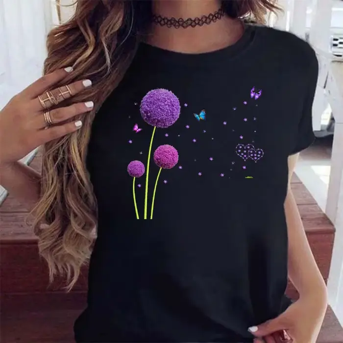 Maycaur femmes graphique dessin animé pissenlit imprimé t-shirt à manches courtes dames imprimer vêt