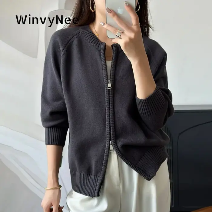 WinvyNee Vêtements pour femmes 100% coton uni col rond fermeture éclair ample doux épais manches lon