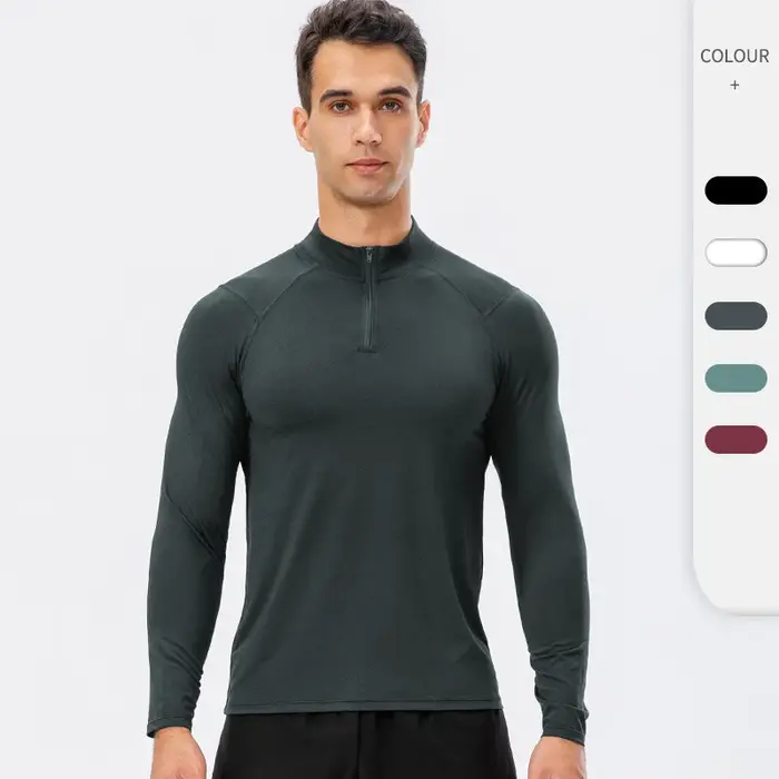 Sweat-shirt à manches longues pour hommes, haut de course à séchage rapide, demi-fermeture éclair, c