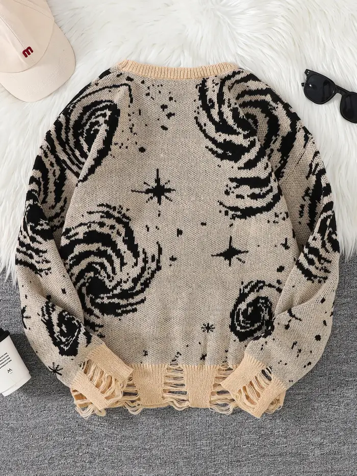 Nouveau Style de rue à la mode déchiré abstrait ciel étoilé motif pull déchiré pull décontracté col 