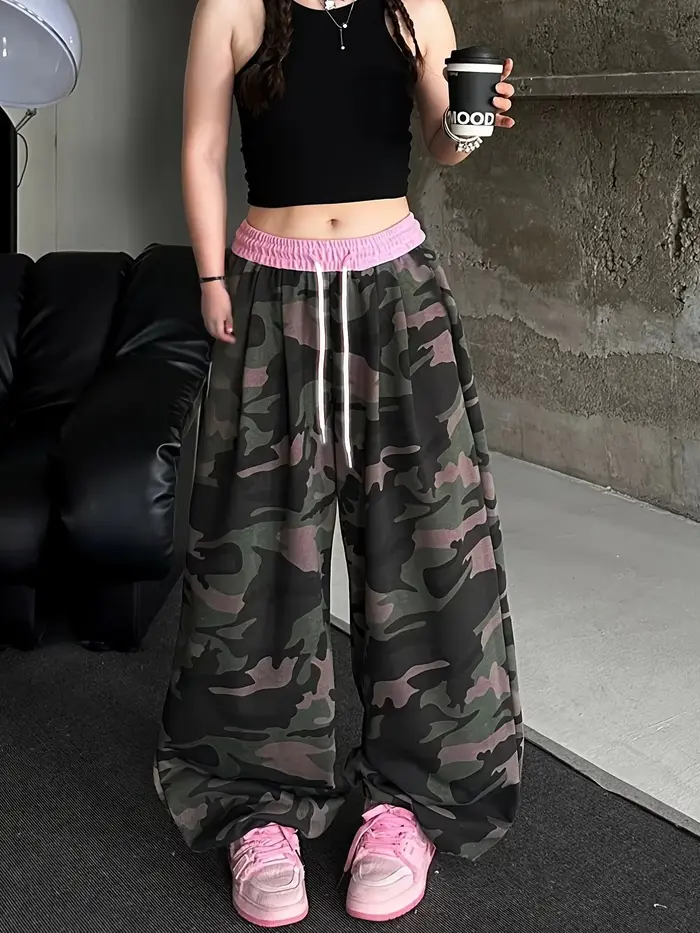 Pantalon décontracté rose tendance à taille haute, imprimé camouflage 3D, séchage rapide, respirant,