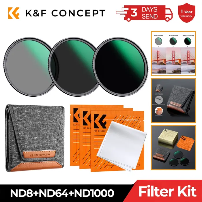 Kit de filtres pour objectif K&F CONCEPT ND8 ND64 ND1000 49-82 mm avec 3 chiffons de nettoyage sous 