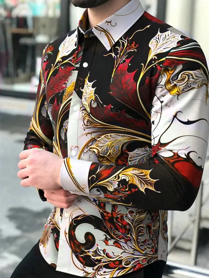 Chemise boutonnée décontractée à motifs géométriques pour hommes – Mélange de polyester, col à rever