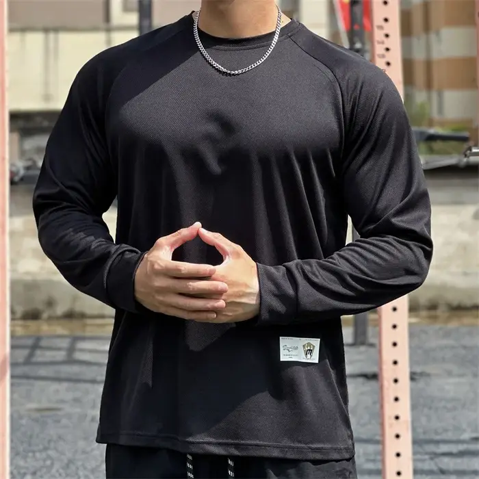 Haute qualité automne hommes à manches longues T-shirt mode sport col rond fitness course maille res