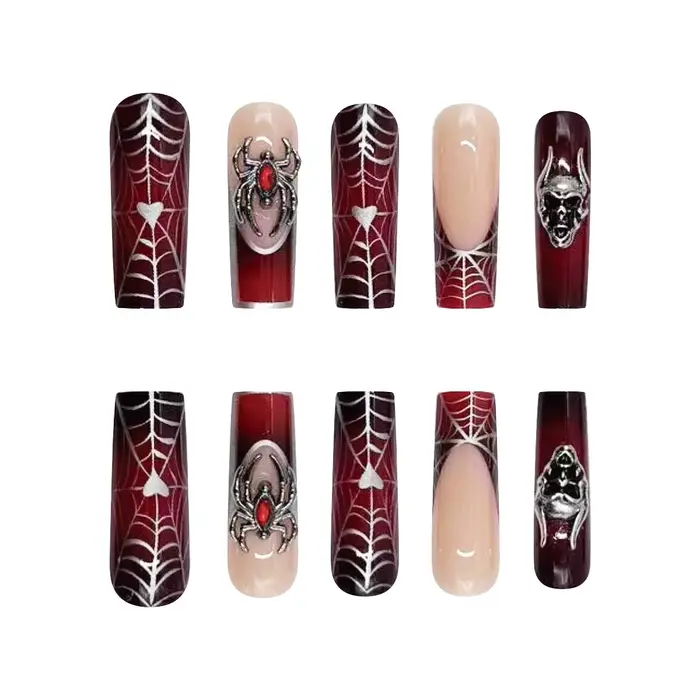 24 pièces français noir presse sur ongles Style Punk 3D araignée crâne conception faux ongles noir r