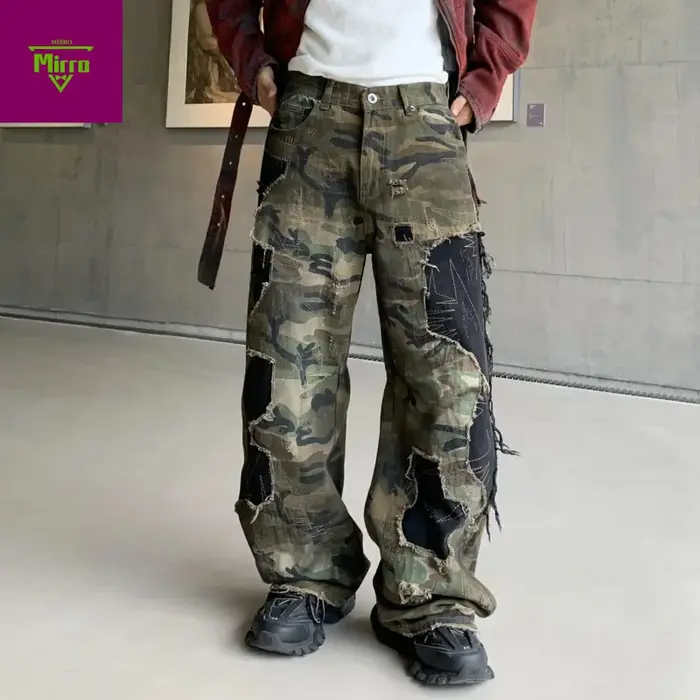 Faux jean déchiré délavé de Camouflage pour hommes, pantalon décontracté, ample et droit, nouvelle c