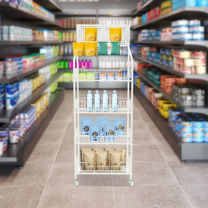 Présentoir de vente au détail T1, support de collation, présentoir de bonbons, panier blanc, chariot