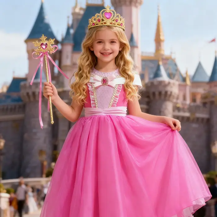Robe rose pour filles, Costume de Cosplay aurore pour enfants, tenue de princesse de luxe, robe de b