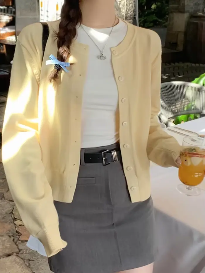 Cardigan à manches longues et col rond pour femme, tricot boutonné, simple boutonnage, printemps-aut