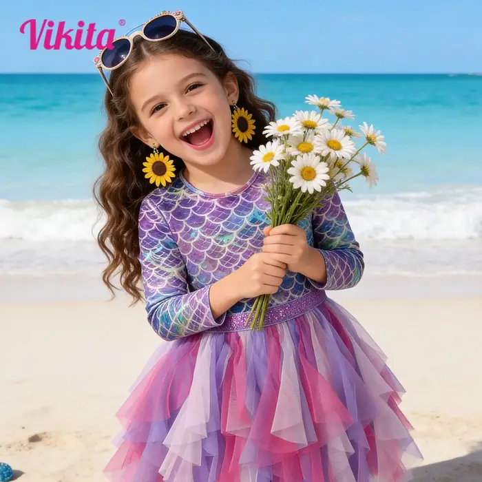 VIKITA-Robe Tutu à Manches sulfpour Fille, Tenue de Princesse, Irrégulière, en Tulle et Maille, Impr