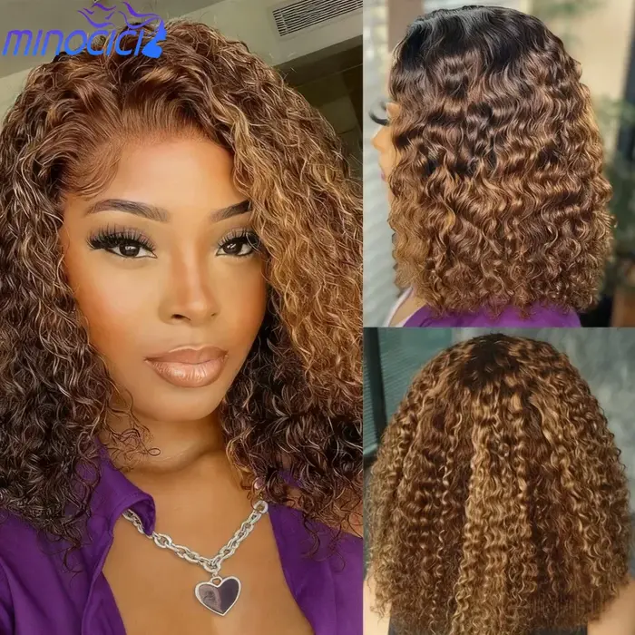 Perruque Bob Ombrée Highlight en Cheveux Humains, Perruque Courte Bouclée Blonde Miel avec Fermeture