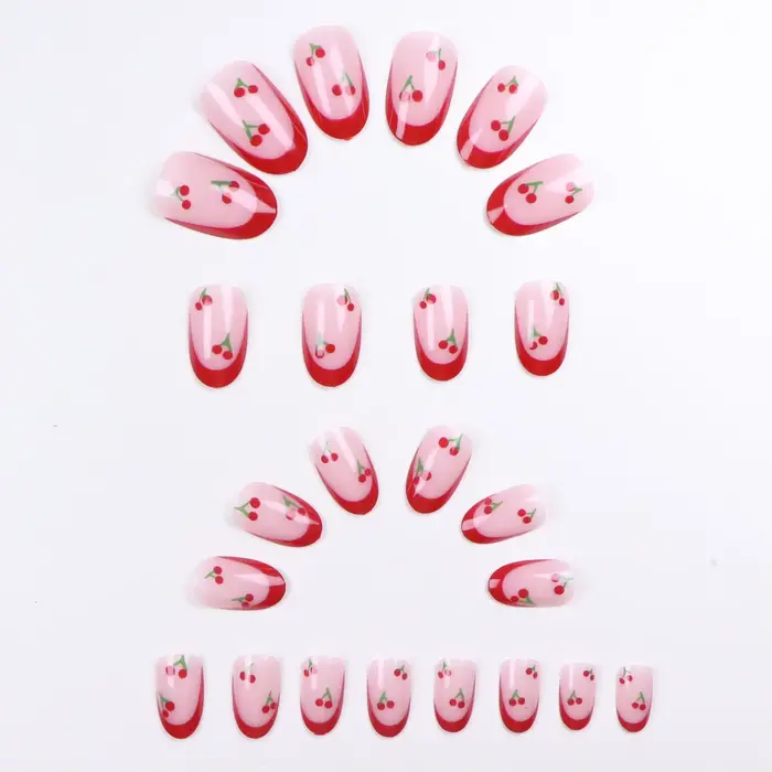 24 pièces mis à niveau votre look avec un ensemble de faux ongles cerise amande à bords rouges 1 lim