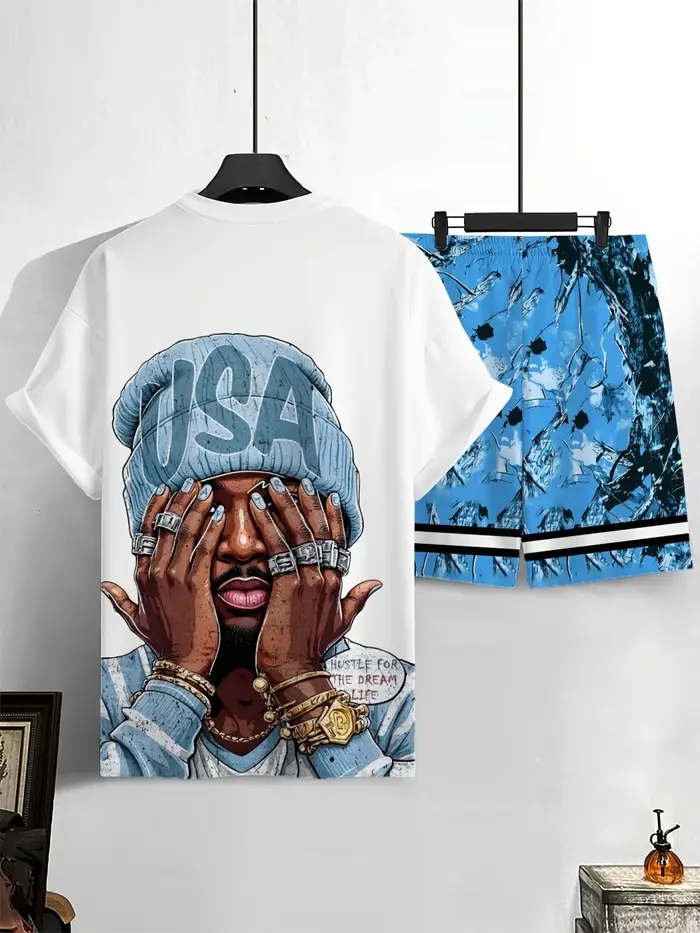 Ensemble T-shirt à col rond et short à cordon pour homme, motif lettres USA, confortable et respiran