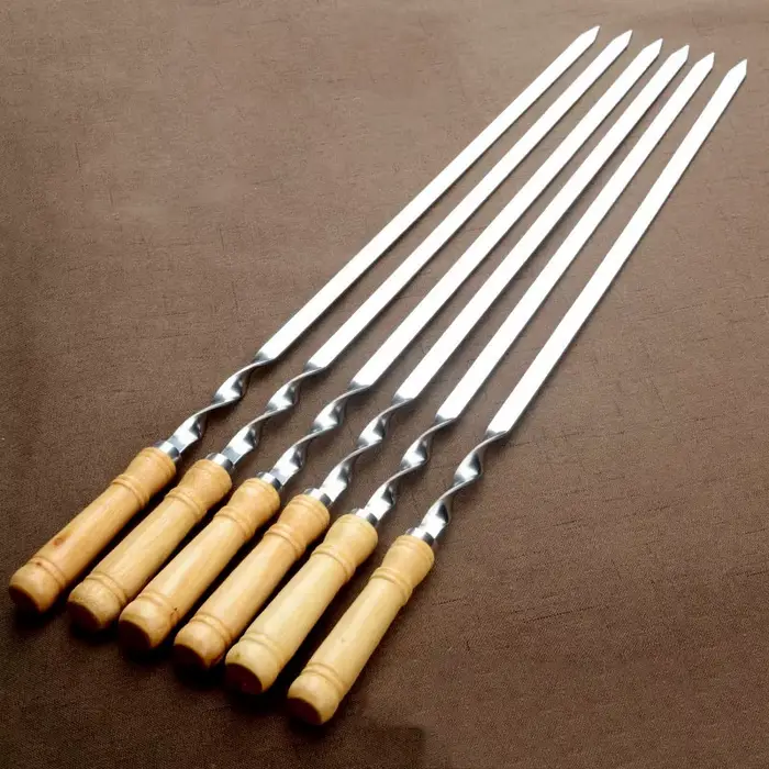 Bâton de kebab de barbecue en acier inoxydable réutilisable avec manche en bois, grands modules, out