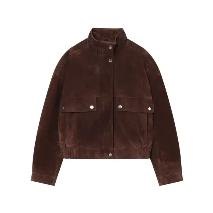 Femmes veste en cuir suédé avec poches automne mode col haut à manches longues bouton veste dame man