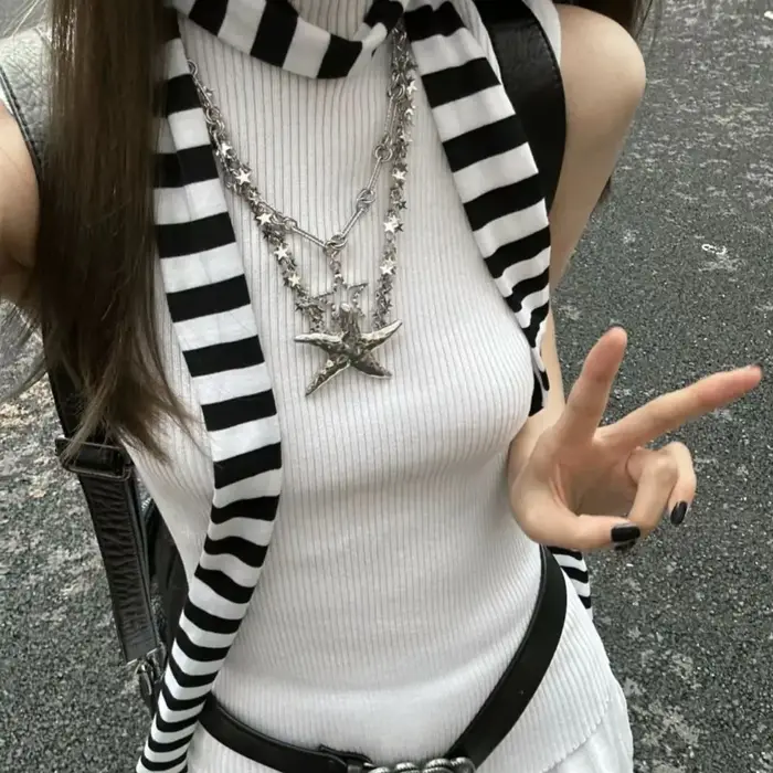 Écharpes en coton Harajuku pour femmes, longues écharpes à rayures noires et grises, mouchoir décora
