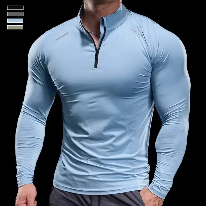 T-shirt manches longues col montant homme - Zip gym course fitness musculation qualité supérieure