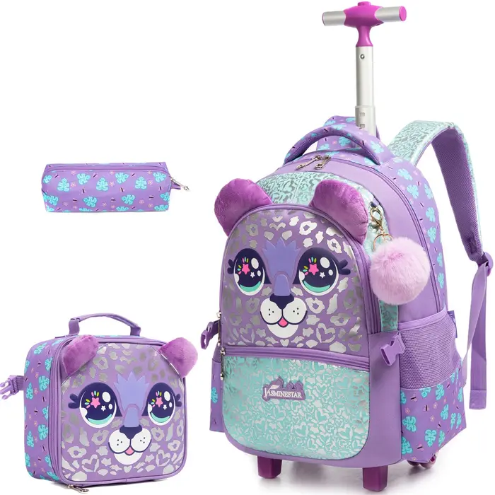 Sac à dos à roulettes pour filles avec boîte à lunch, sacs à dos scolaires à roulettes, sac à dos à 