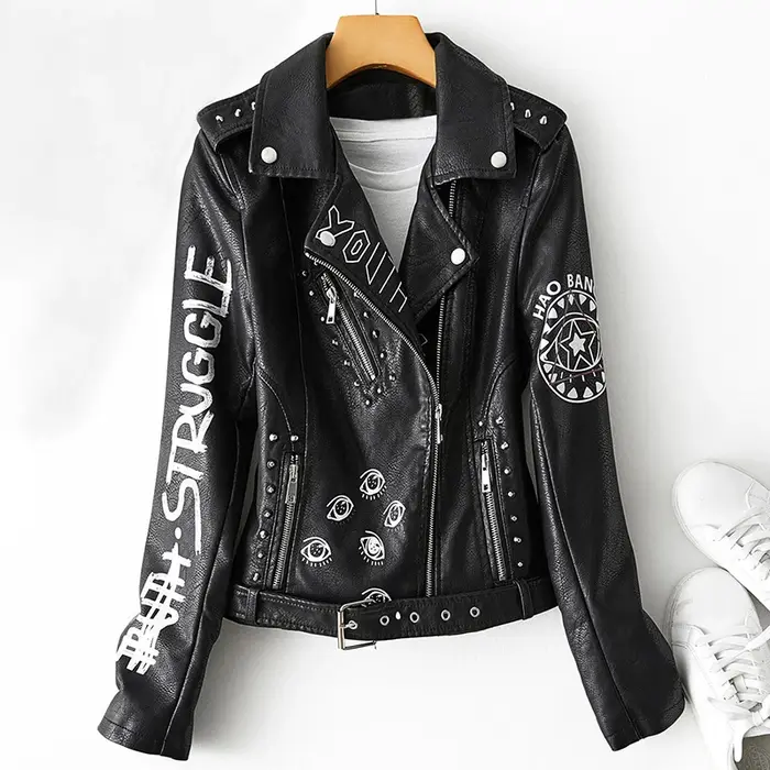 Fitaylor automne hiver femmes Graffiti imprimé veste en simili cuir dame Moto vélo manteau en cuir P