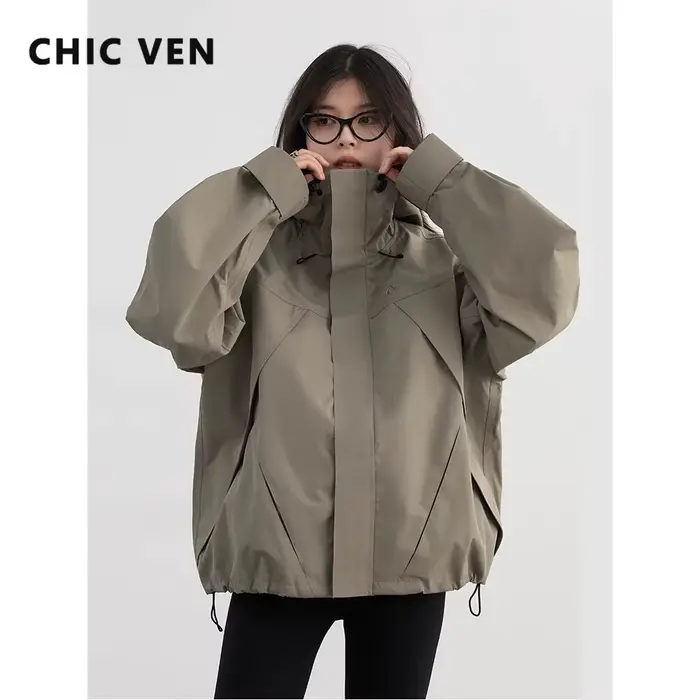 CHIC VEN-Veste de dehors à Capuche pour Femme, Manteau Court, Coupe-Vent, Solide, Extérieur, Automne