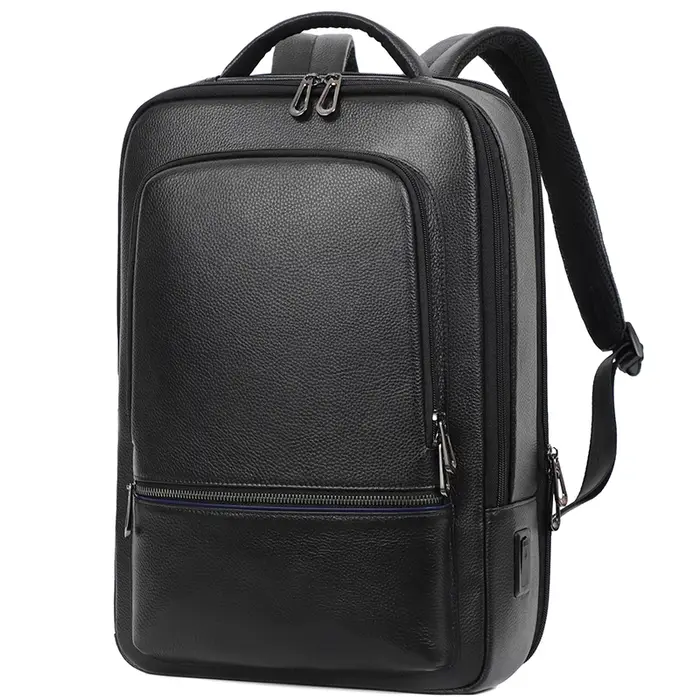 100% cuir de vache naturel 15.6 pouces sac à dos pour ordinateur portable hommes USB sac à dos en cu