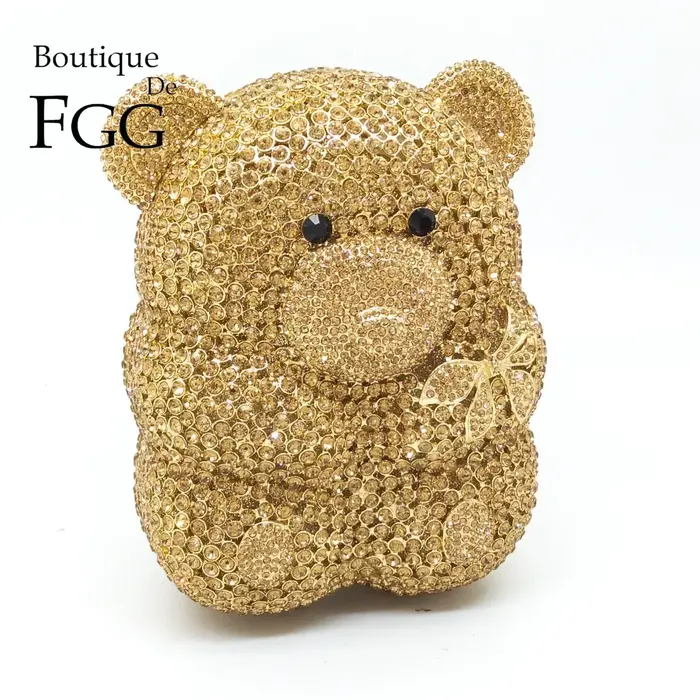 Boutique De FGG ours doré Teddy femmes or cristal soirée pochette strass Minaudiere sacs à main sac 