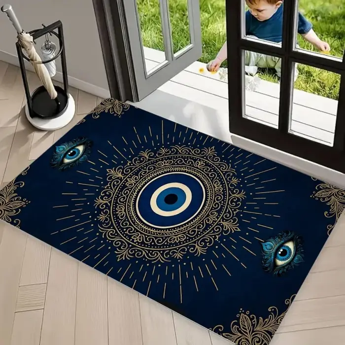 Tapis de sol antidérapant Evil Eye Mandala DOORMAT, fond bleu profond avec motifs dorés ornés, éléga