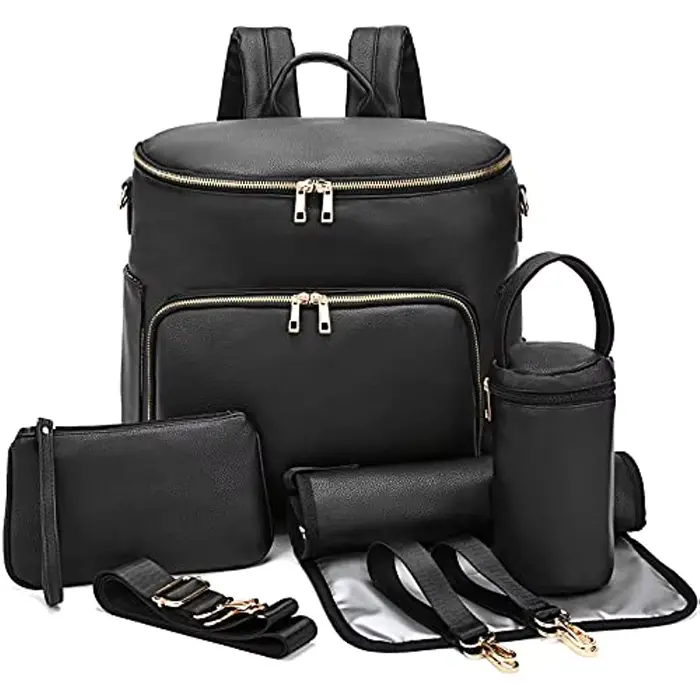 Sac à dos à langer en cuir pour femme, sac à dos de voyage pour bébé, grande capacité avec sangles d