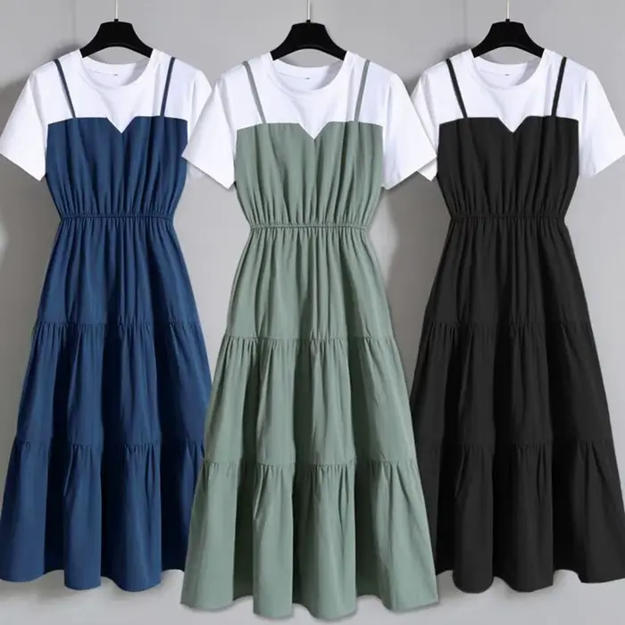 Fausse robe deux pièces à bretelles pour femmes, manches courtes, robe serrée à la taille, mode, été