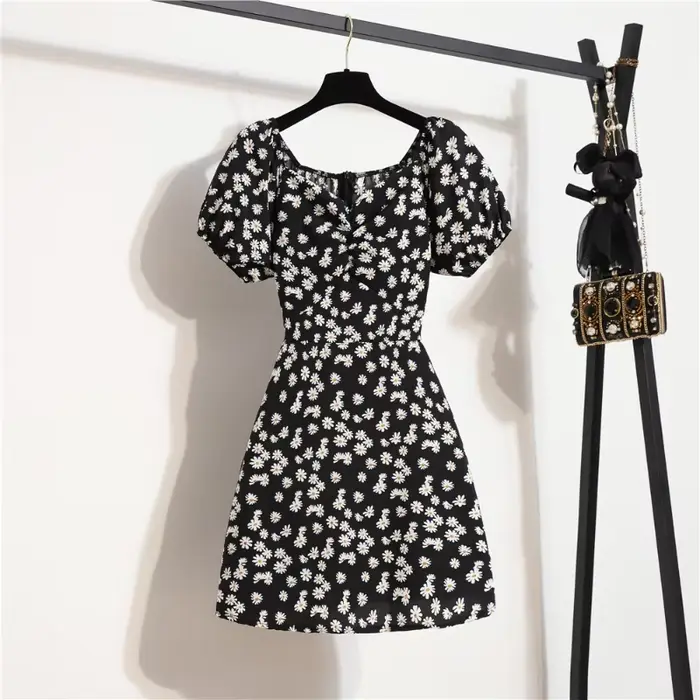 Femmes Mini Robes D'été Mode Femme Robes Imprimé Floral Robes En Mousseline De Soie Fronces Plissée 