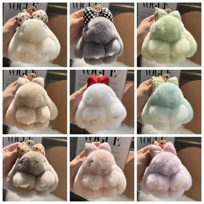 Porte-clés de voiture en peluche, Mini lapin, nœud en cheveux, sangle de sac, Couple de lapin mignon