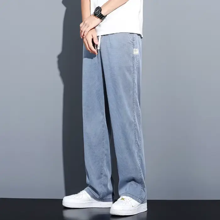 Jean d'été en tissu Lyocell doux pour homme, coupe droite ample, taille élastique avec cordon de ser